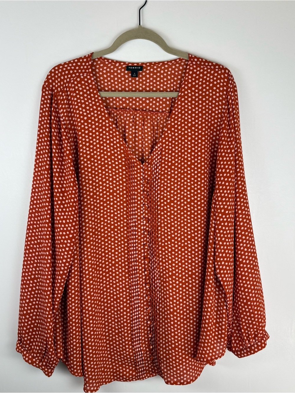 Torrid Womens 3X Button Blouse Shirt Top Long Sleeve V Neck Polka Dots Orange